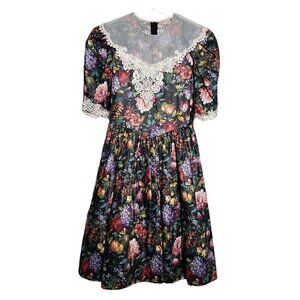Vintage Jayne Copeland Floral Bib Dress Cotton Black Party Girls 14